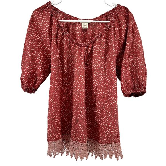 Sundance Silk Polka Dot Blouse Top Puff Sleeve Crochet Hem Scoop Boho Red Medium - Picture 1 of 3
